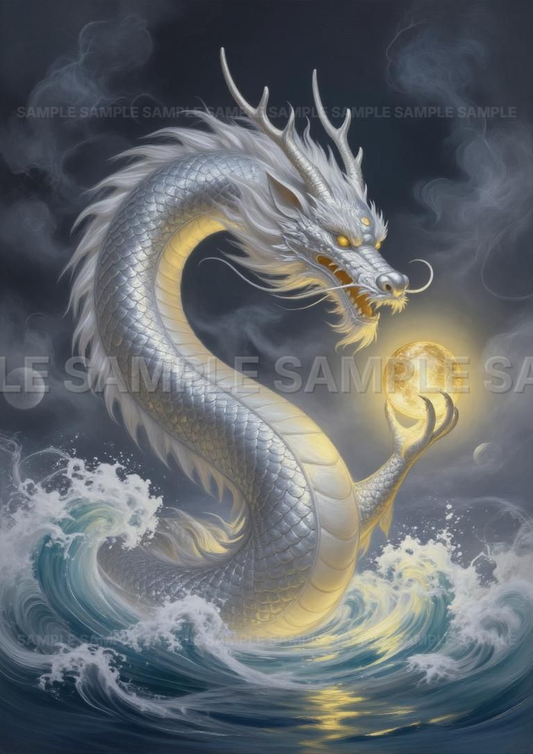 AIアート】【金運招来】白銀の龍神 宝珠を掴む 海波 昇龍 開運 風水