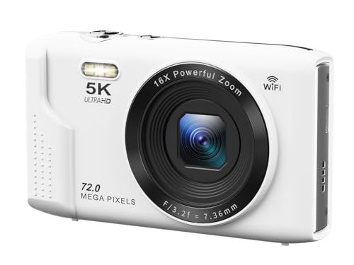AiMike スマホに送れる デジタルカメラ 5K デジカメ WIFI転送機能 7200万画素 64GBマイクロSDカード付き 16倍デジタルズーム オートフォーカス機能 LEDライト ウェブカメラ 2.8インチ大画面 バッテリー2枚 コンパクト 子供や初心者