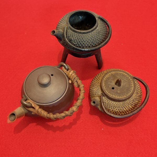 ミニ急須 3点 まとめ 鉄瓶 鉄器 あられ紋 茶器 煎茶道具 紫泥 籐巻き