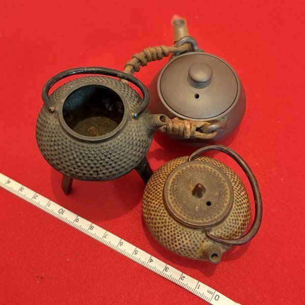 ミニ急須 3点 まとめ 鉄瓶 鉄器 あられ紋 茶器 煎茶道具 紫泥 籐巻き
