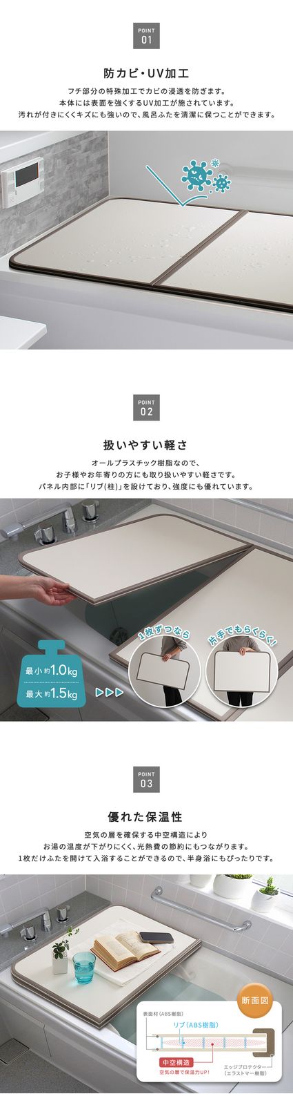 軽くてカビが生えにくい組み合わせ風呂ふた 幅73×奥行き128cm(3枚組) 軽くてカビが生えにくい組み合わせ風呂ふた 幅73×奥行き128cm(3枚組)