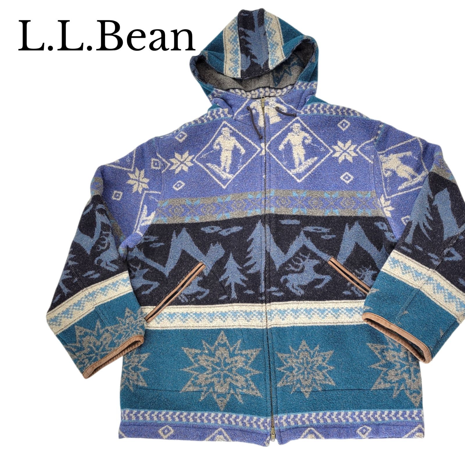 L.L.Bean エルエルビーン フード付き ウールジャケット ネイティブ柄 スキーヤー柄 レザートリム 総柄 ブルー×ネイビー×ターコイズ メンズM