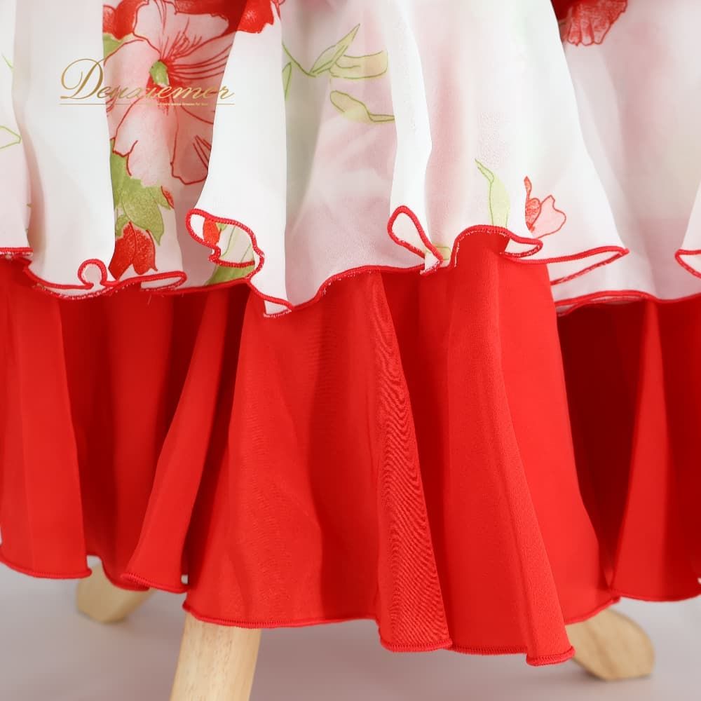 【美品 フラメンコ衣装 ツーピース】鮮やかレッド×花柄×フリル ブラウスファルダ フラメンコ 衣装 ツーピース セットアップ 上下セット ホワイト系