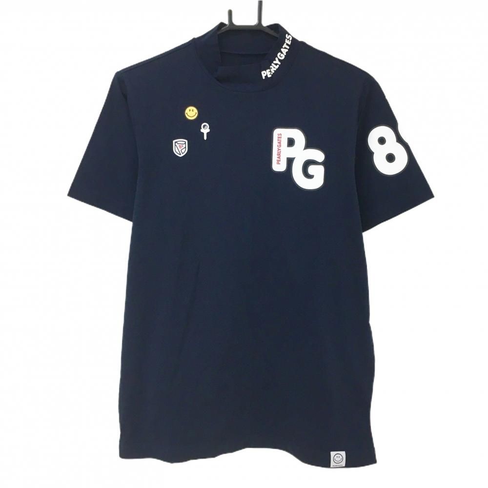 美品】パーリーゲイツ 半袖ハイネックシャツ ネイビー ネックロゴ