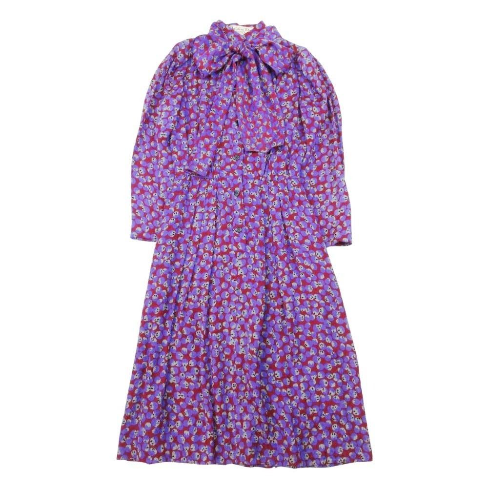 良品 Christian Dior BOUTIQUE クリスチャンディオール 80s 90s シルク100％ 総柄 ボウタイ ワンピース 長袖 ヴィンテージ 紫 レディース 古着 中古 USED