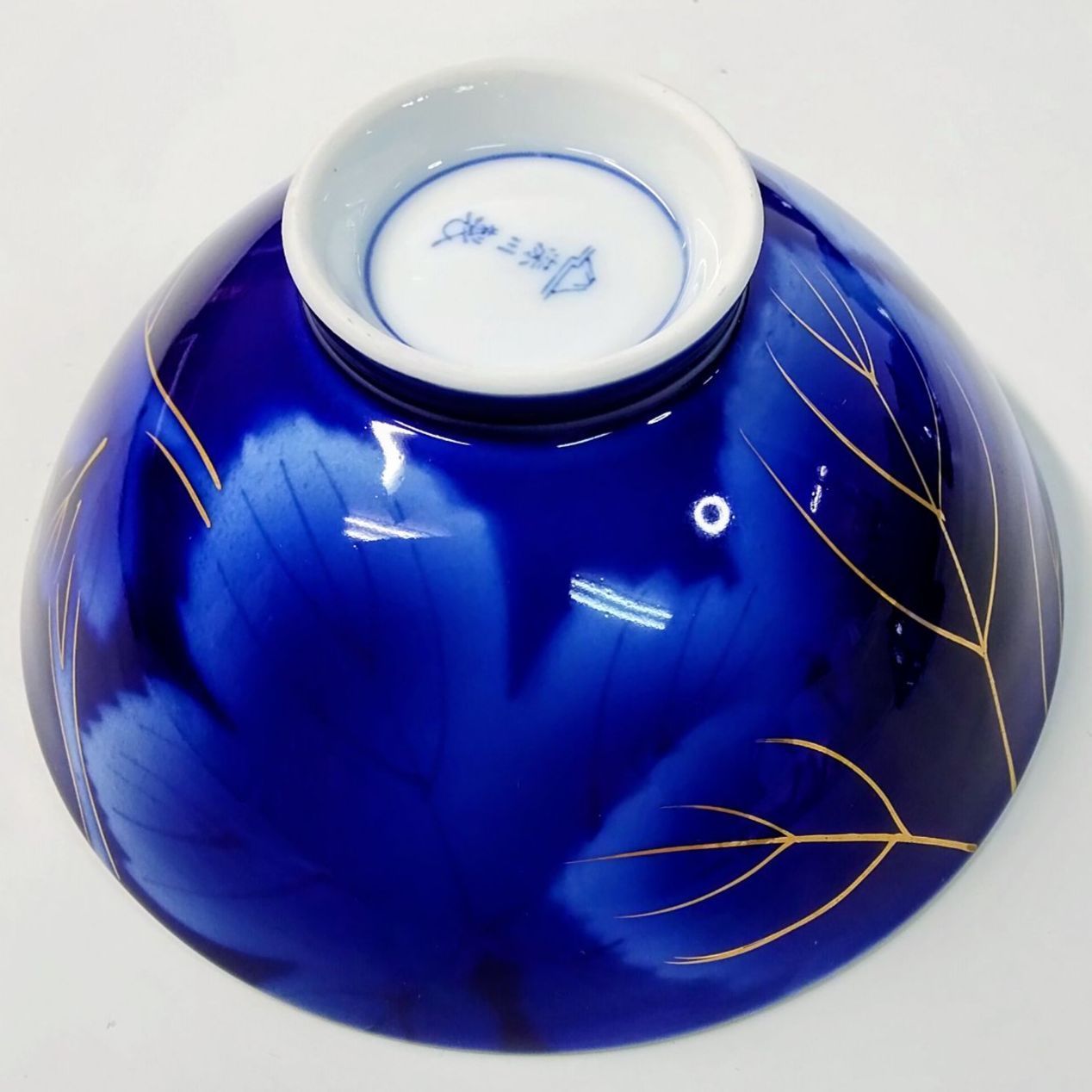 未使用・保管品】深川製磁 茶碗 5客揃 染付 ルリブドー 花柄 金彩 美術
