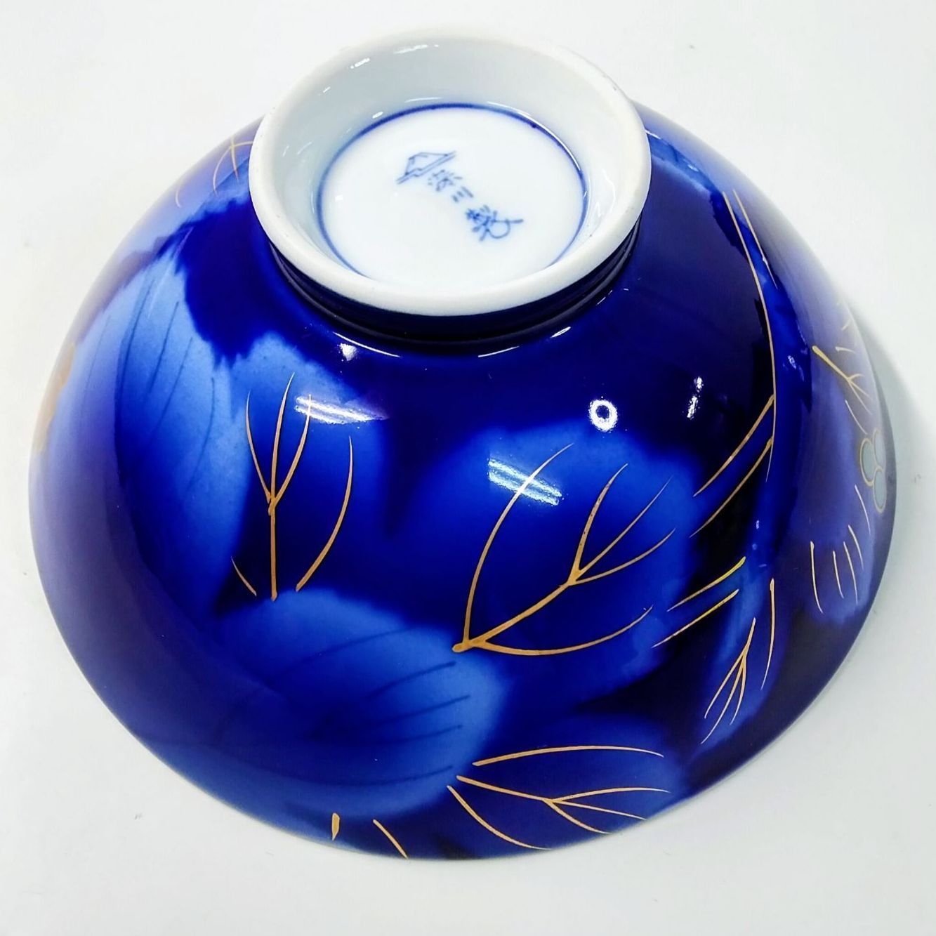 未使用・保管品】深川製磁 茶碗 5客揃 染付 ルリブドー 花柄 金彩 美術