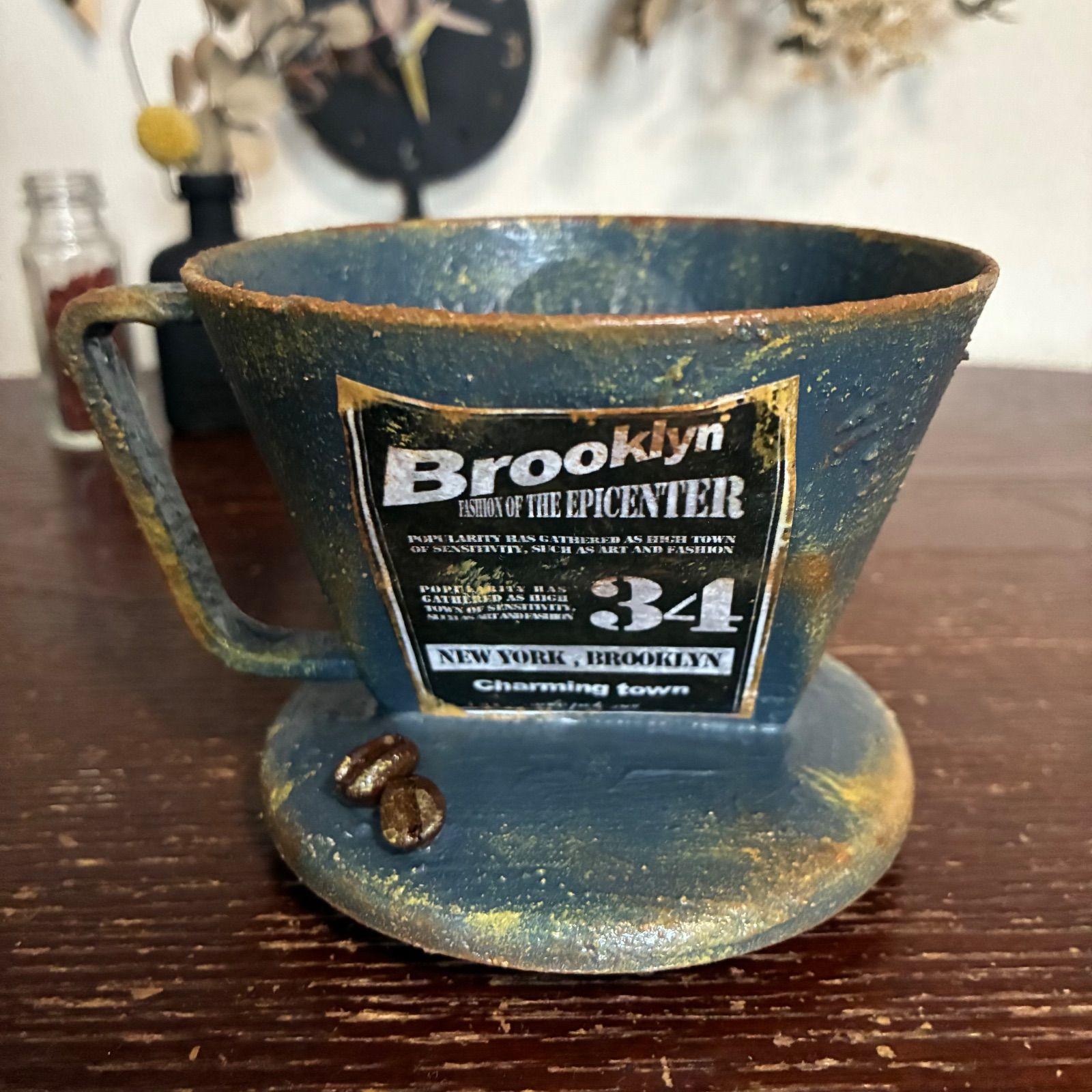 コーヒー豆付き🫘ドリッパー型リメイク鉢 (ミッドナイトブルー