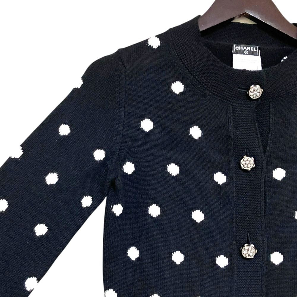 美品 CHANEL シャネル 08A ドット柄 ジャガード 七分袖 カシミヤ