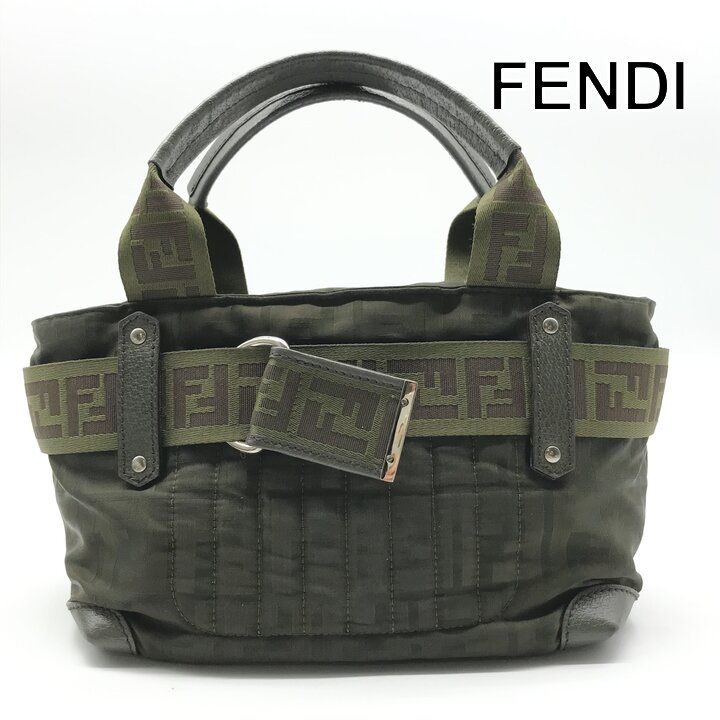 美品 FENDI フェンディ ズッカ ナイロン ハンド バッグ ミニ カーキ ブランド 鞄 BAG レディース ファッション a12804