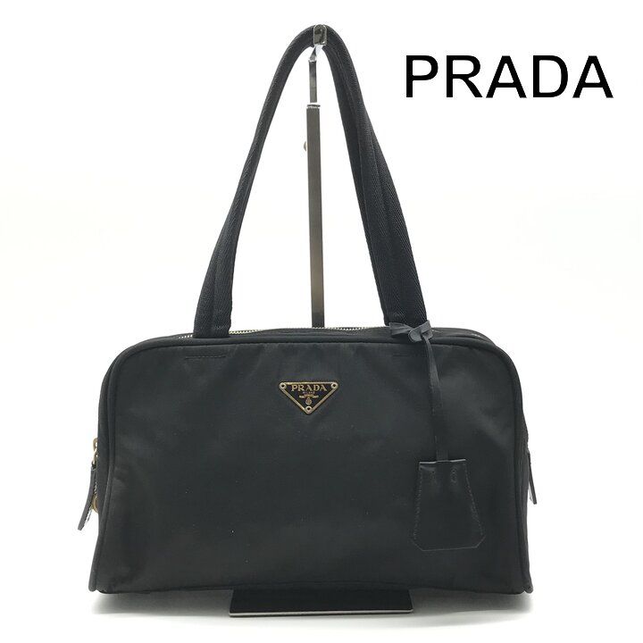 美品 PRADA プラダ ナイロン ロゴ プレート ハンド バッグ ブラック ブランド 鞄 BAG レディース ファッション a13611
