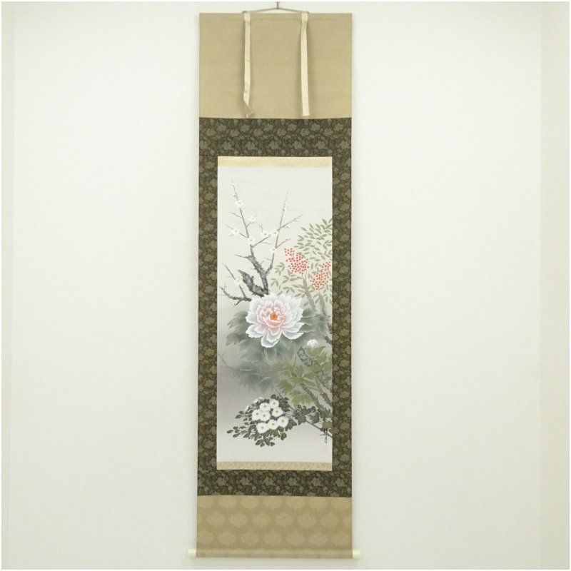 渓月筆 四季花 肉筆絹本掛軸 掛け軸 床の間 書 おしゃれ 絵画 表具
