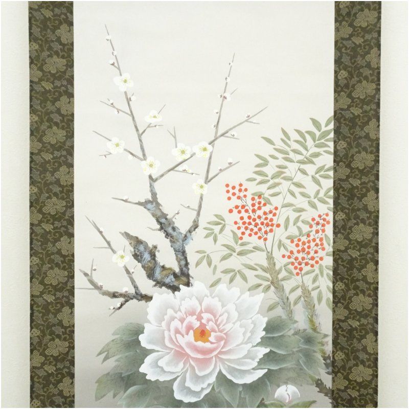 渓月筆 四季花 肉筆絹本掛軸 掛け軸 床の間 書 おしゃれ 絵画 表具