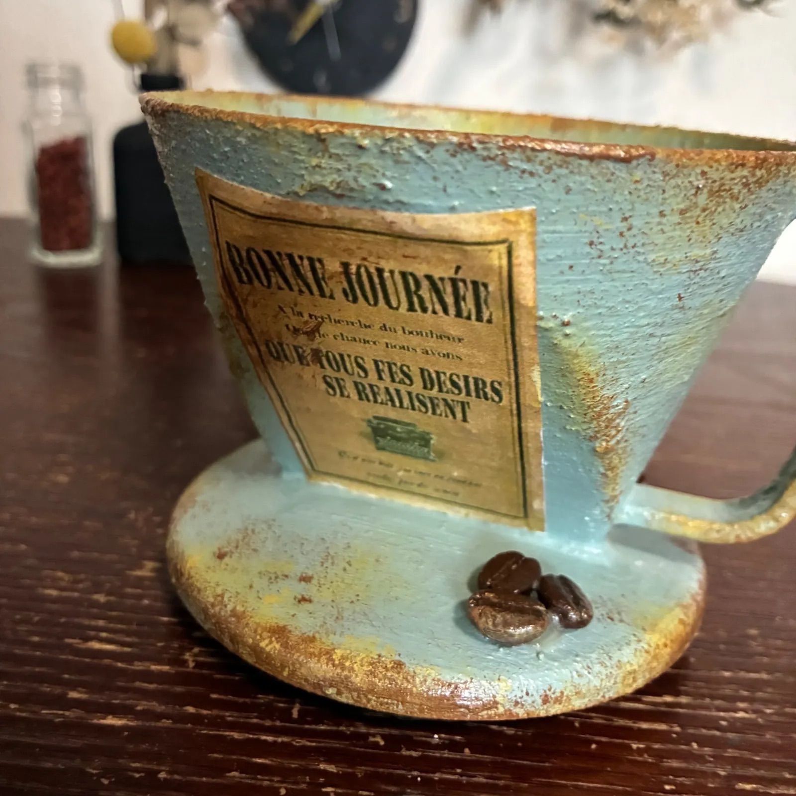 コーヒー豆付き🫘ドリッパー型リメイク鉢 (ピスタチオグリーン