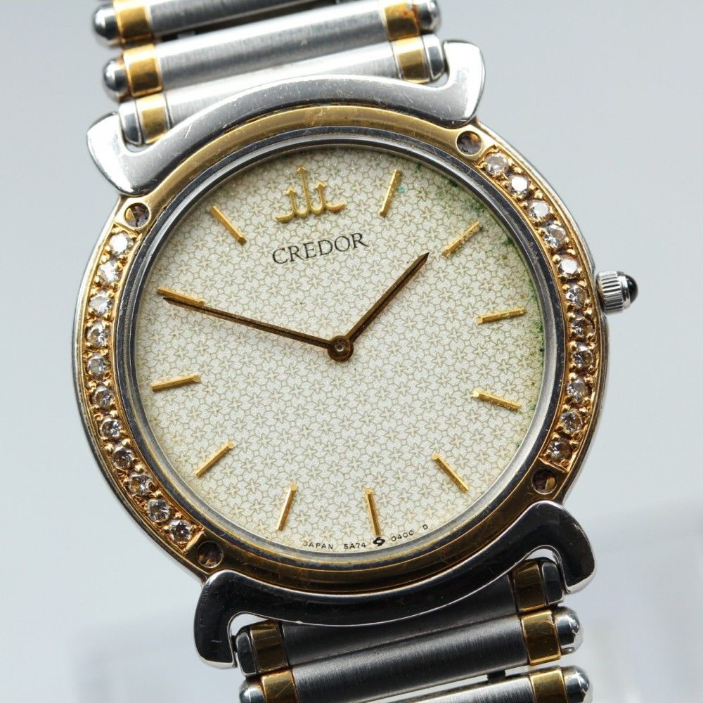 稼働品】SEIKO クレドール 5A74-0190 ダイアモンド 18金無垢ベゼル