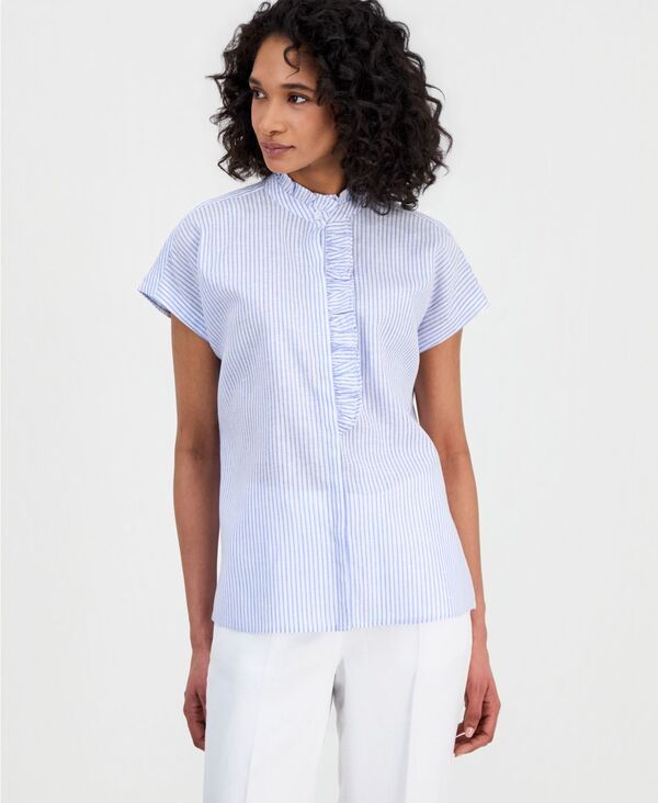 アンクライン レディース トップス シャツ フリル ブラウス Anne Klein Womenstriped RuffledNeck ButtonFront Blouse LagoonBright W