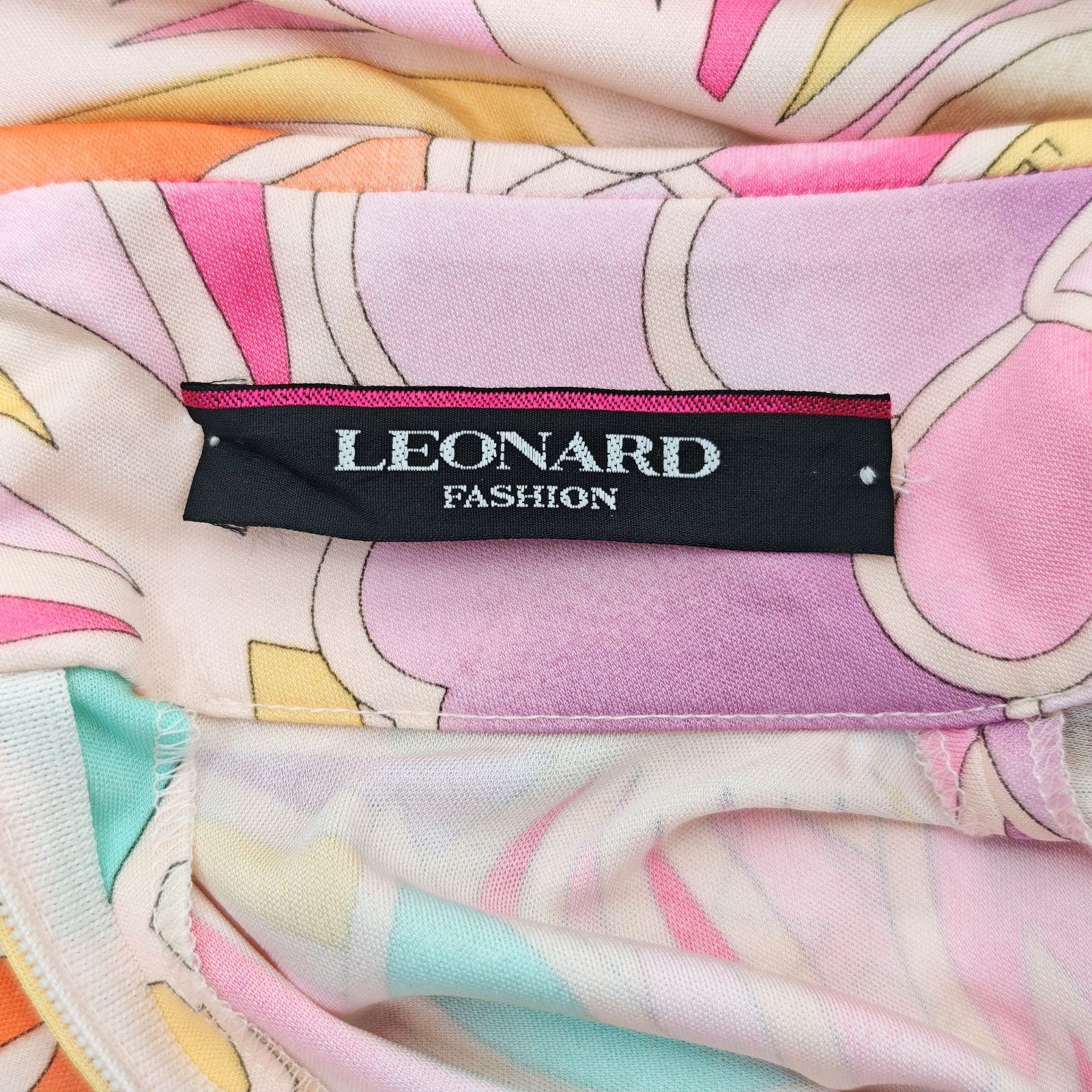 LEONARD レオナール カンカン素材 総柄 ノースリーブワンピース トリム