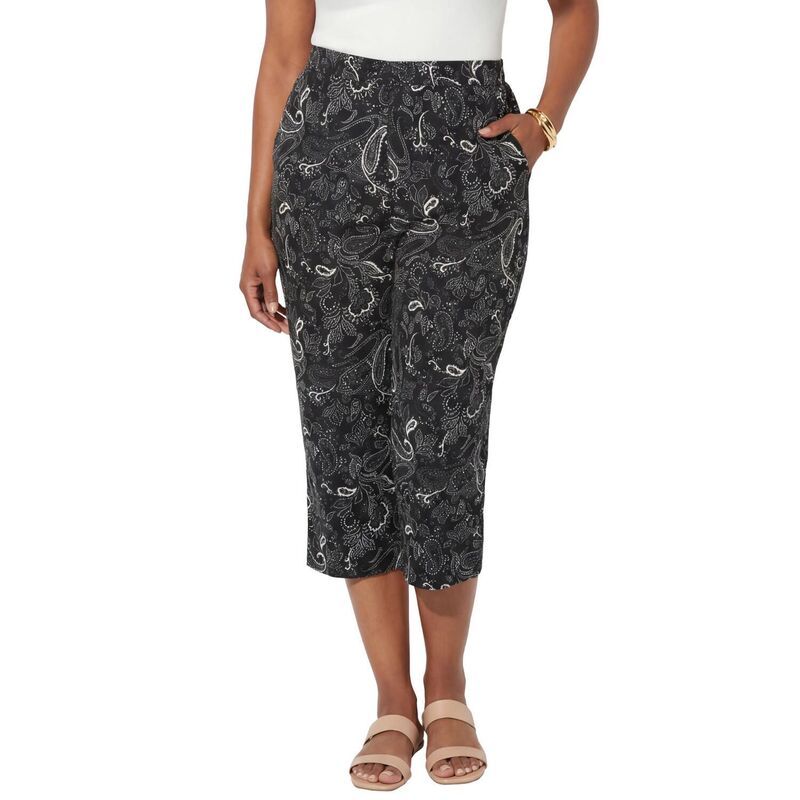 キャサリンズ レディース ボトムス カジュアルパンツ プラスサイズ Tシャツ キャップ Catherines Womens Plusize PullOn Sateen Capri Black Whit