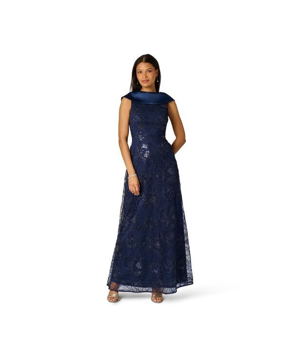 アドリアナ パペル レディース トップス ワンピース 刺繍 Adrianna Papell Womens Embroide red Boat Neck Gown MIDNIGHT