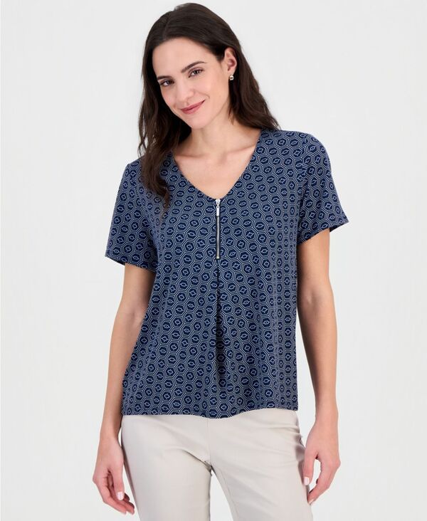 ジェイエムコレクション レディース トップス シャツ Vネック プリント JM Collection Womens Printed Front Zipper VNeck Top Intrepid Bl