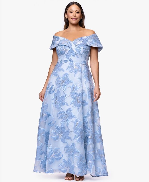 エスケープ レディース トップス ワンピース プリント XSCAPE Womens Long Jacquard Printed OffTheShoulder Ball Gown Blue Silver