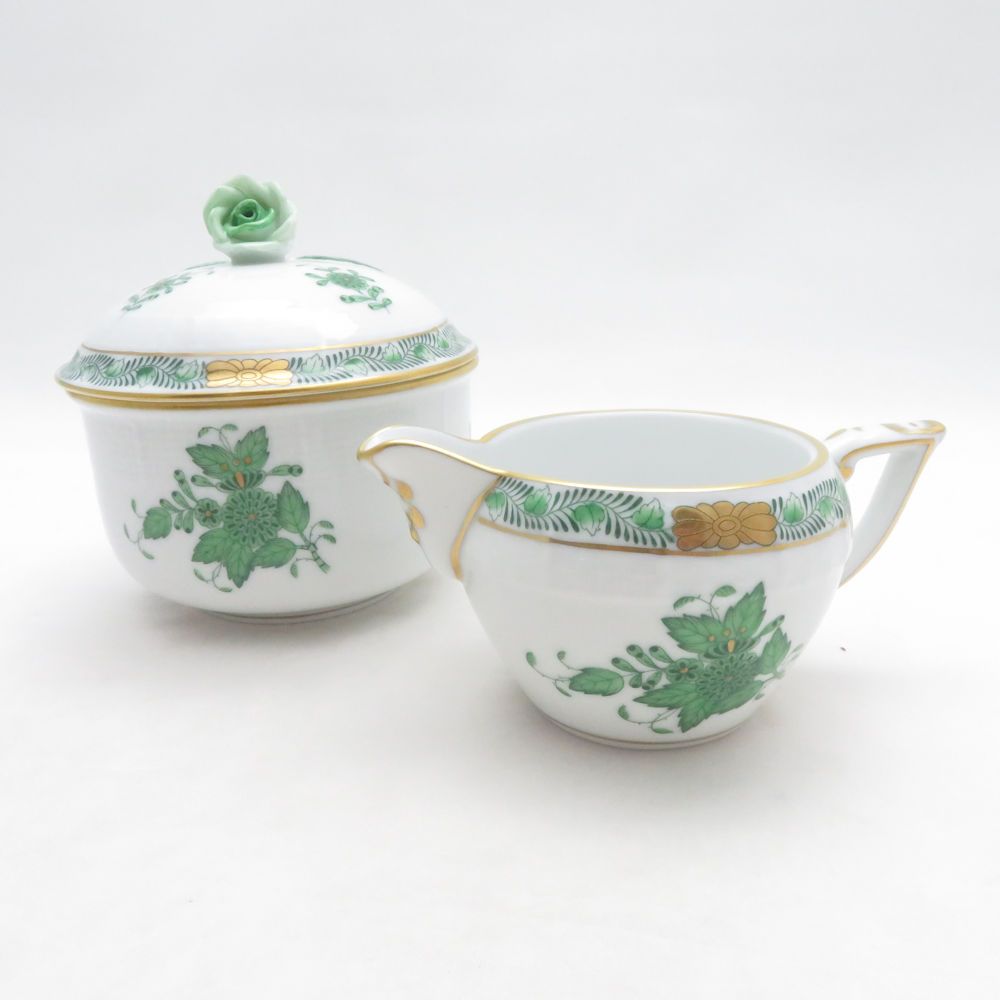 美品 Herend ヘレンド アポニーグリーン AV 663/649 シュガーボウル クリーマー 2点 セット ポット 砂糖 ミルク 蓋物 金彩 SU14399D1 美品 Herend ヘレンド アポニーグリーン AV 663/649 シュガーボウル