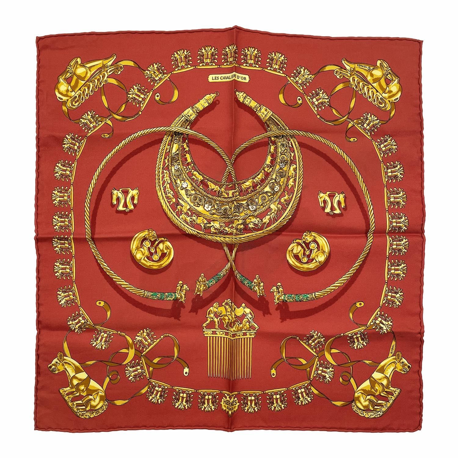 HERMES エルメス カレ90 LES CAVALIERS D'OR 黄金の騎士 スカーフ シルク レッド ユニセックス 【中古】