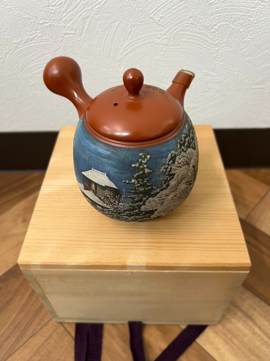 伝統工芸士 吉川雪堂 常滑焼 朱泥急須 山水画 共箱付 茶器 A341