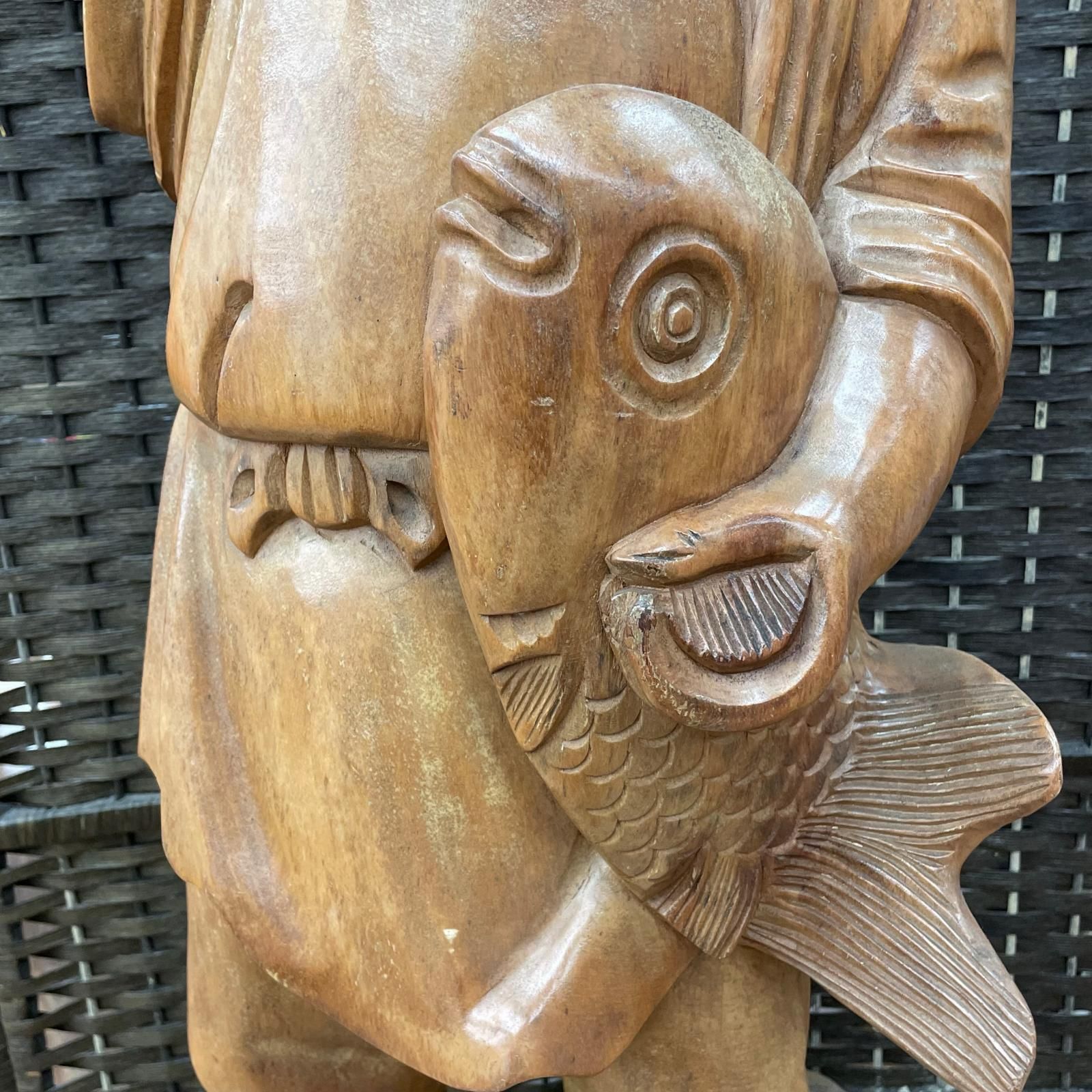 ハンドメイド作品 木彫り 置物 恵比寿様 釣り竿 鯛 縁起物 全高約95cm