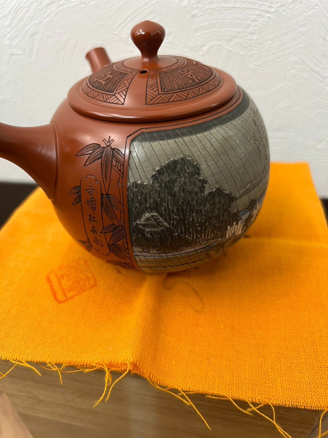 吉川雪堂 作 常滑焼 朱泥急須 竹図 詩文 共箱付 煎茶道具 茶器 A341