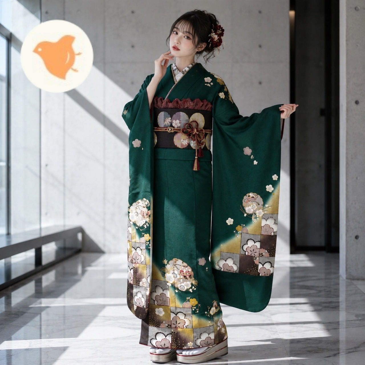 振袖セット リサイクル 成人式 正絹 緑 市松模様 吉祥文様 5点セット