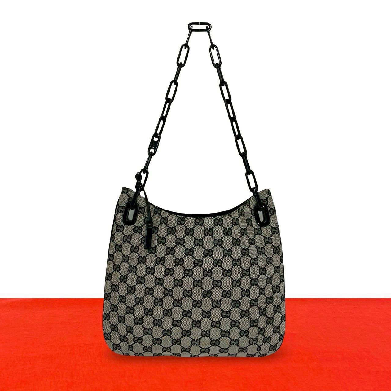 GUCCI グレー GGパターン ハンドバッグ 極 美品 GUCCI グッチ GG ロゴ 柄 キャンバス レザー プラスチック