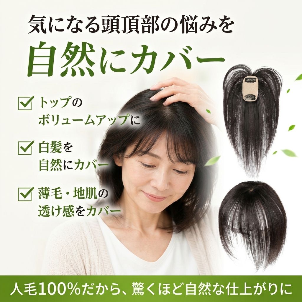 人毛100% 部分ウィッグ ヘアピース 頭頂部 白髪隠し ボリュームアップ