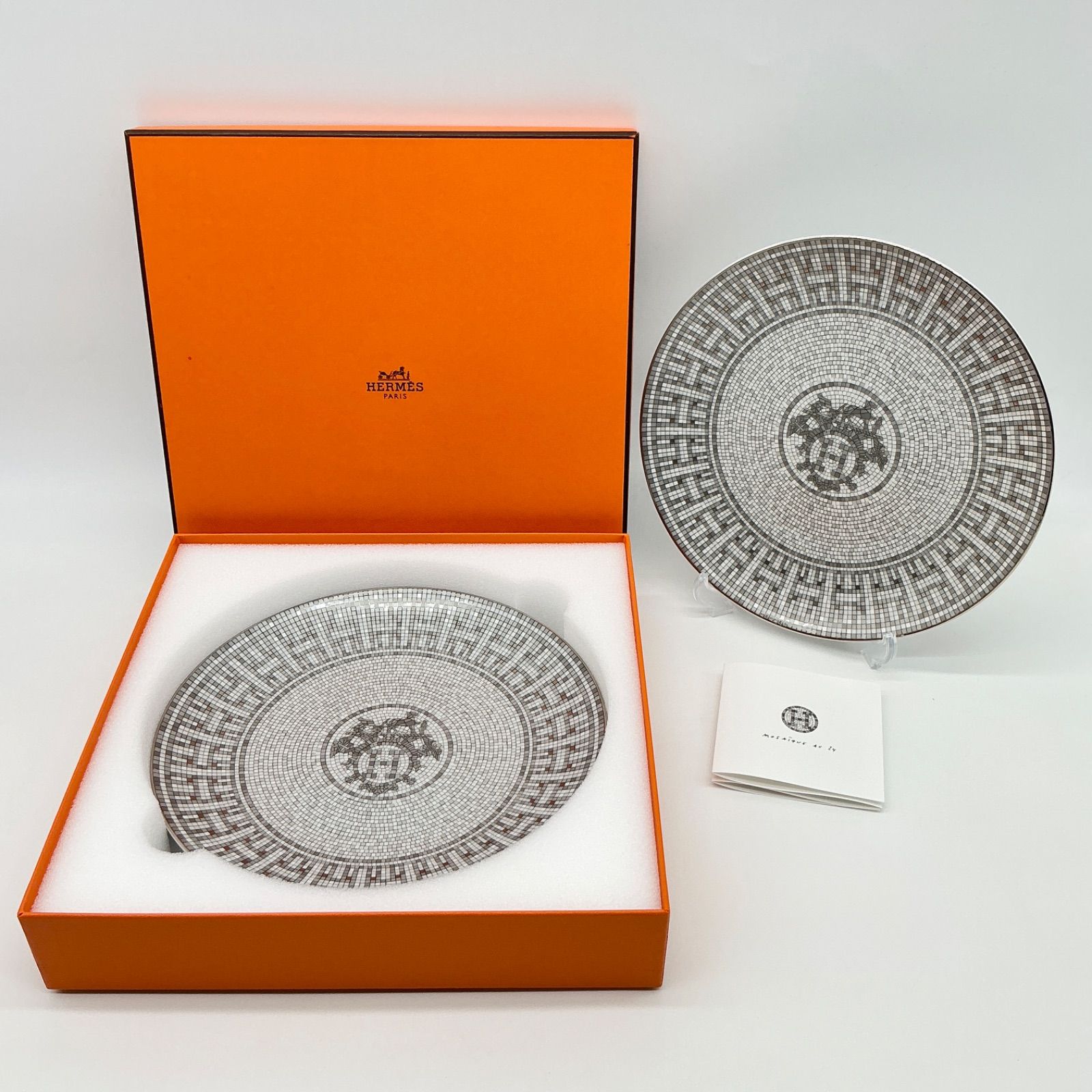 HERMES エルメス デザートプレート 〈モザイク 24〉 プラチナ 2枚セット 皿 磁器 食器【中古】SAランク　9_145