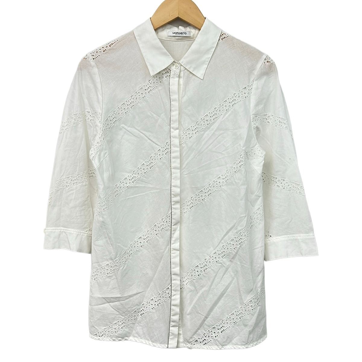 【美品】MORABITO モラビト　異素材　ブラウス　地図柄　36 MORABITO(モラビト) 七分袖シャツブラウス サイズ38 M レディース - 白