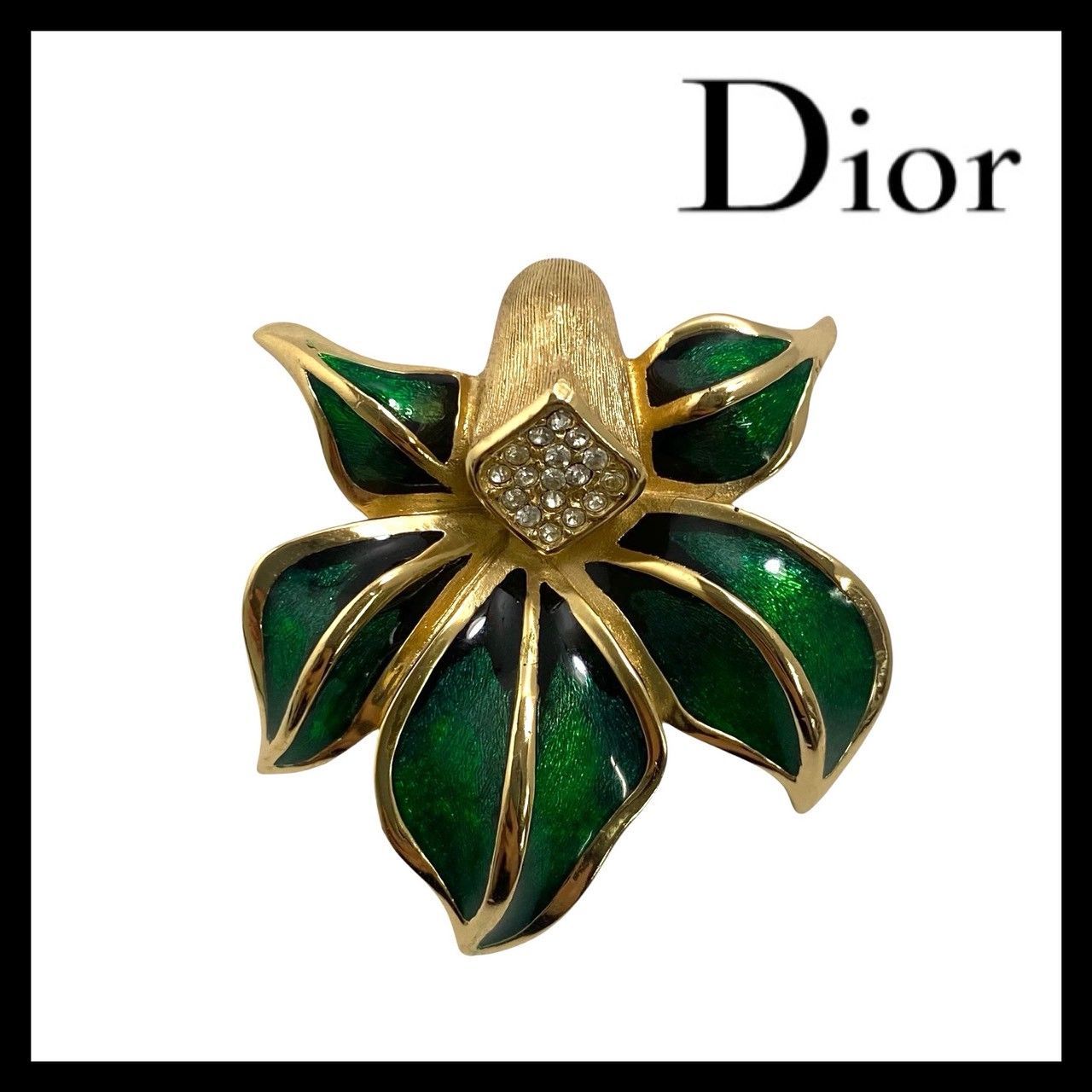 【美品】Dior ラインストーン バラ 花 ブローチ ゴールド ヴィンテージ Dior】リーフ モチーフ ブローチ ラインストーン ゴールド/金カラー