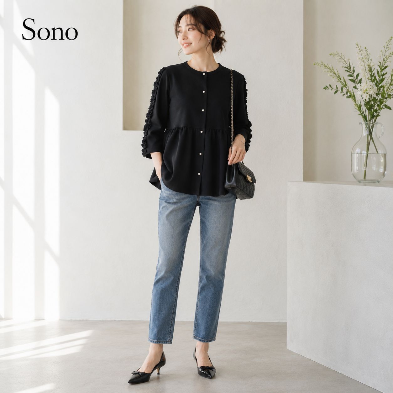 未使用に近い / 美シルエットの3Dペプラム】Sono / ソーノ F ブラック