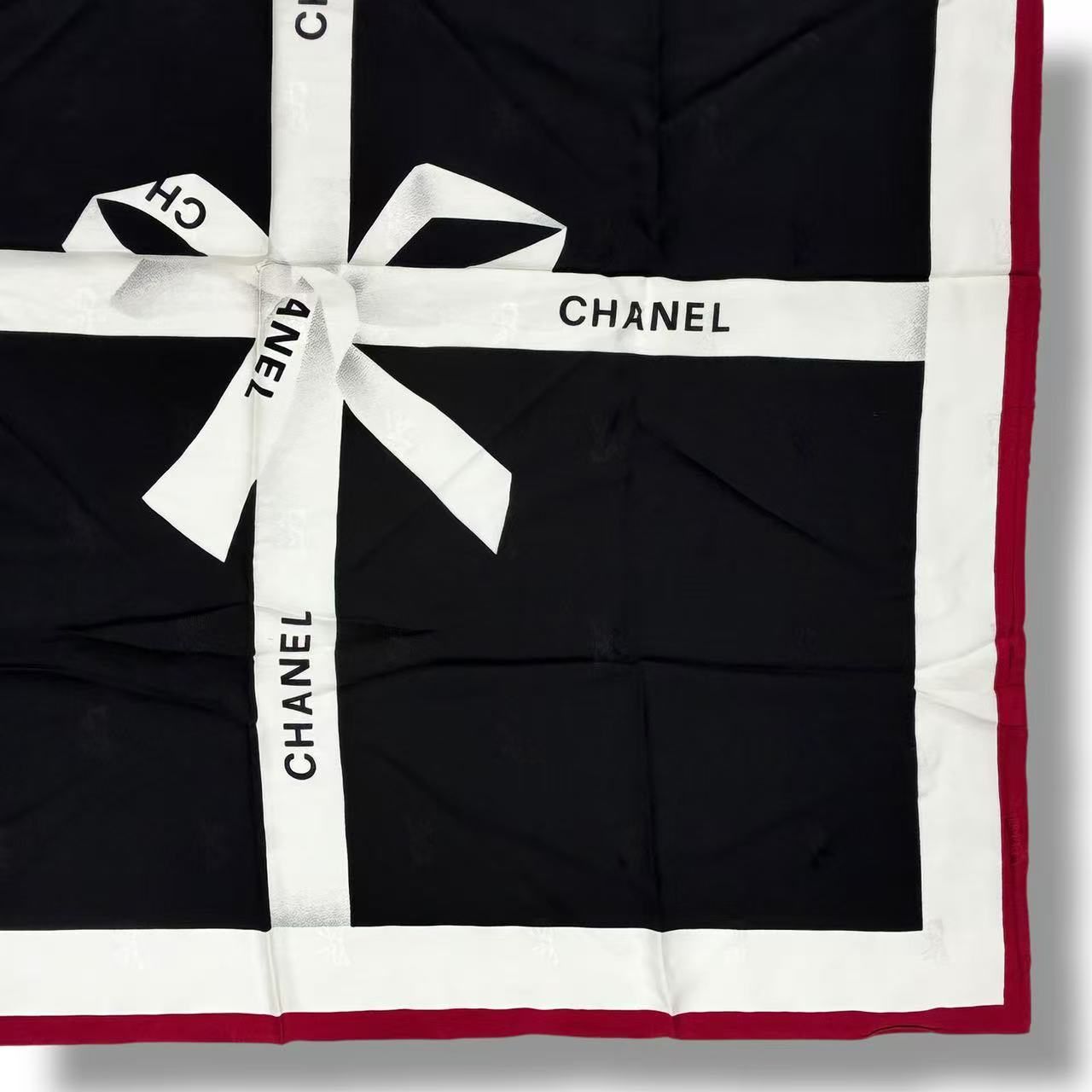 新品同様 CHANEL シャネル ロゴ シルク スカーフ リボン ブラック 箱