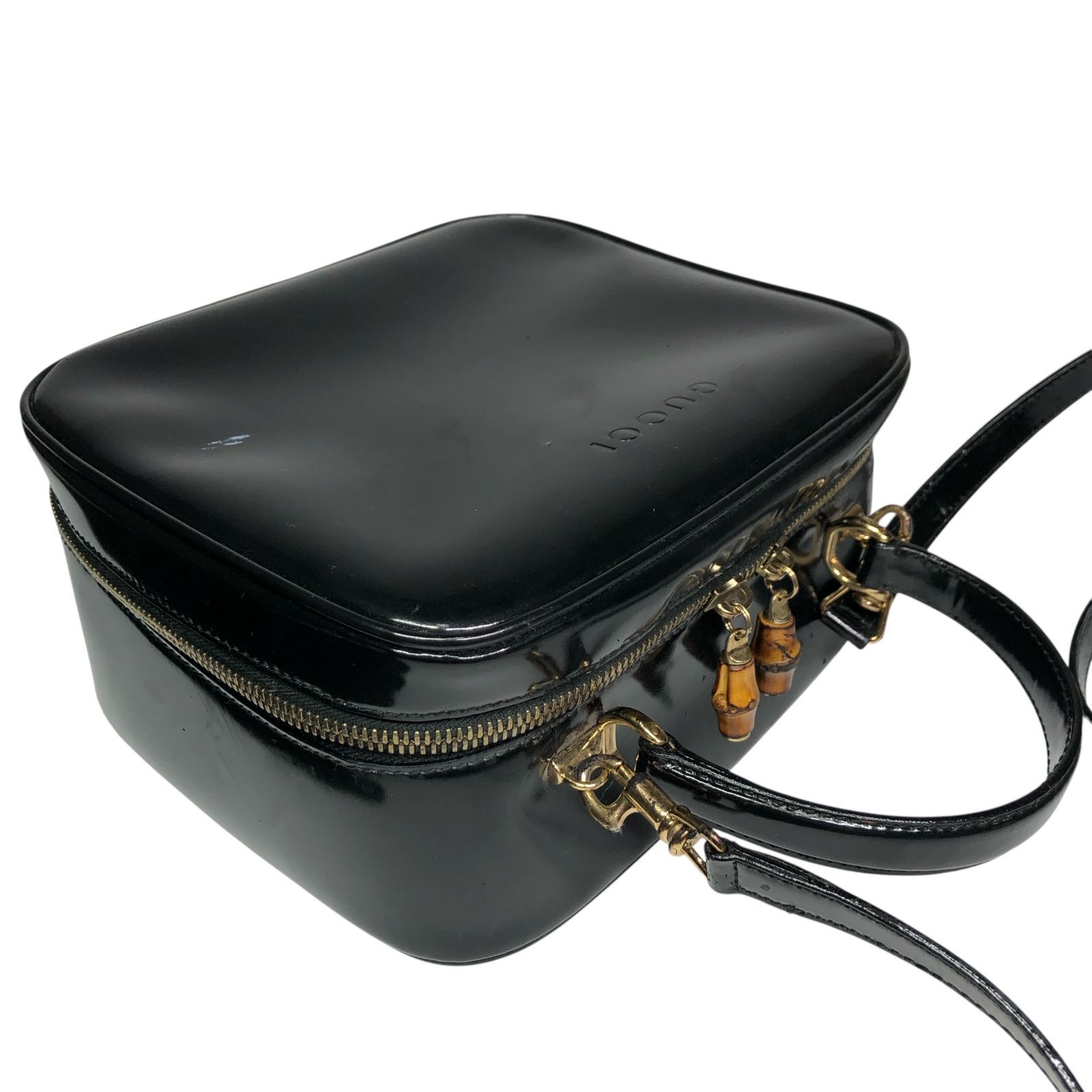 GUCCI グッチ　人気　バンブー バニティバッグ 黒 エナメル × バンブー グッチ】本物 GUCCI バンブー バニティバッグ 2way ショルダーバッグ