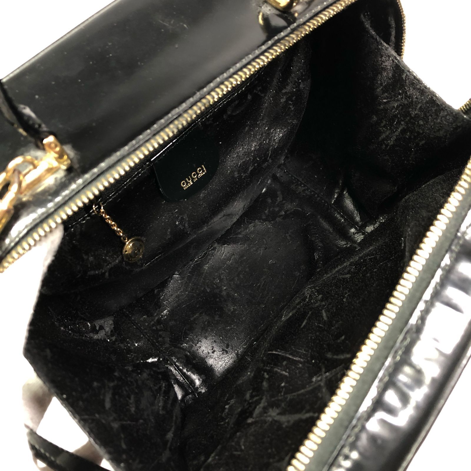 GUCCI グッチ　人気　バンブー バニティバッグ 黒 エナメル × バンブー グッチ】本物 GUCCI バンブー バニティバッグ 2way ショルダーバッグ