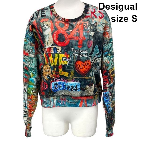 ◆ デシグアル Desigual スエット トレーナー 長袖 ラウンドネック クロップド丈 猫モチーフ 綿 S S～M 7-9号 レディース S6H320