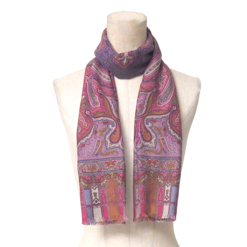 Etro エトロ カルカッタ ピンク＆ブルー＆グレー＆黄 シルクウールマフラー ETRO エトロ ストール ペイズリー ウール×シルク ロングスカーフ