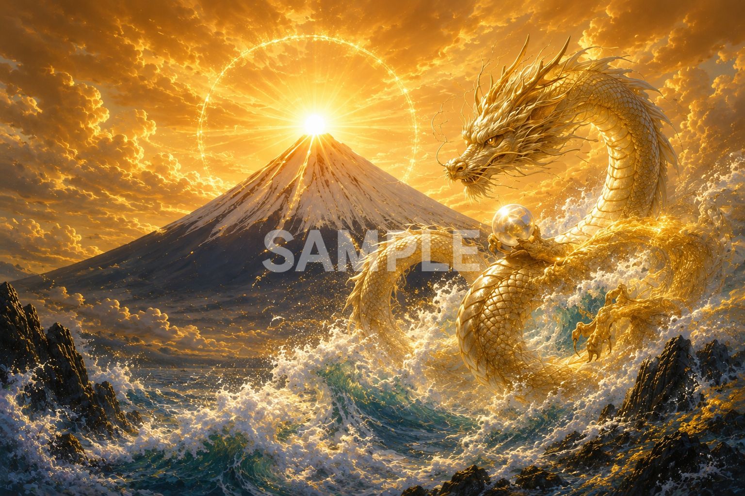 595 【黄金龍×富士山】開運アート｜金運・仕事運・繁栄・龍神