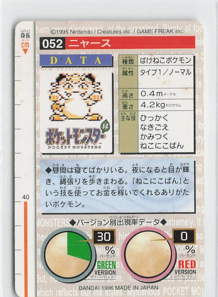 バンダイ ポケモン/本弾【緑版】 1弾(1996) ニャース 52 - メルカリ