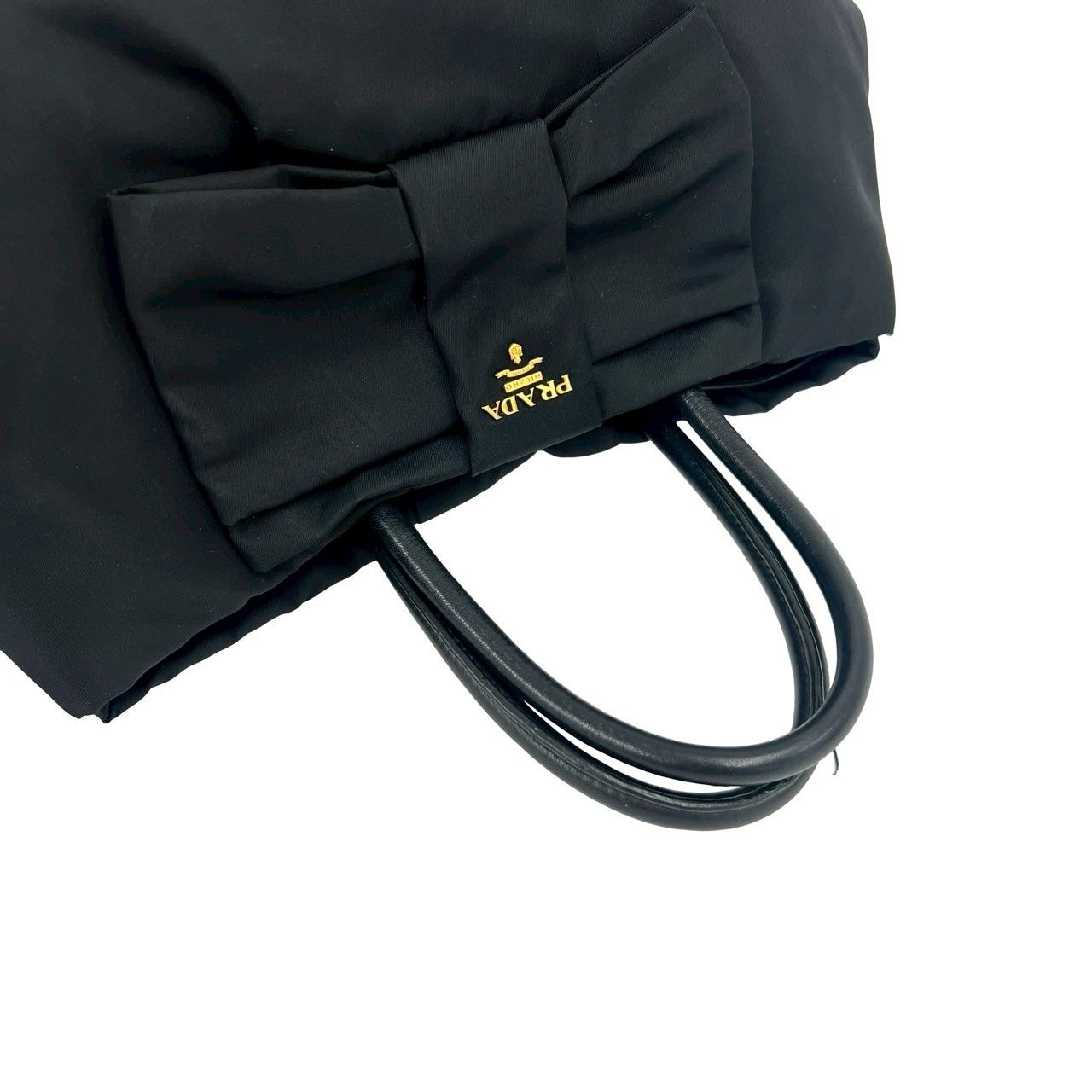 極 美品 PRADA プラダ ロゴ 金具 リボン モチーフ ナイロン レザー 本 