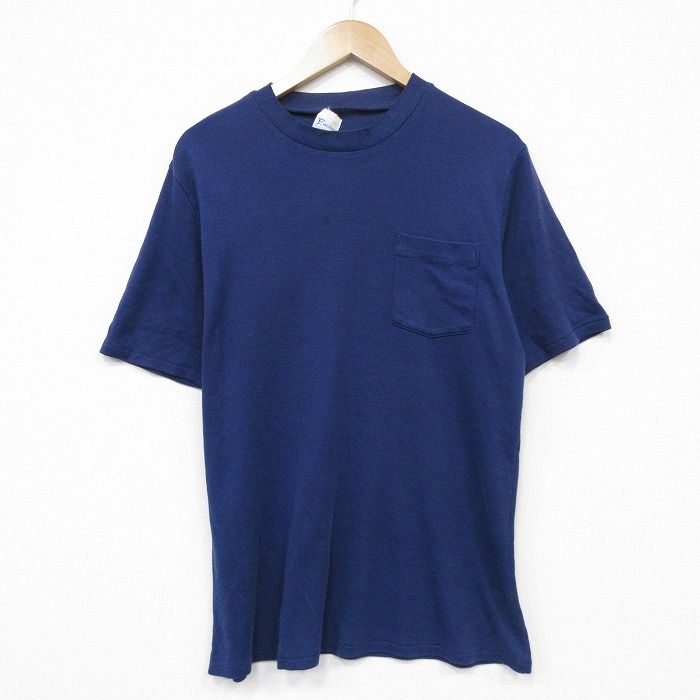L/古着 半袖 ビンテージ Tシャツ メンズ 80年代 80s 無地 胸ポケット付き クルーネック ネイビー 26jun16