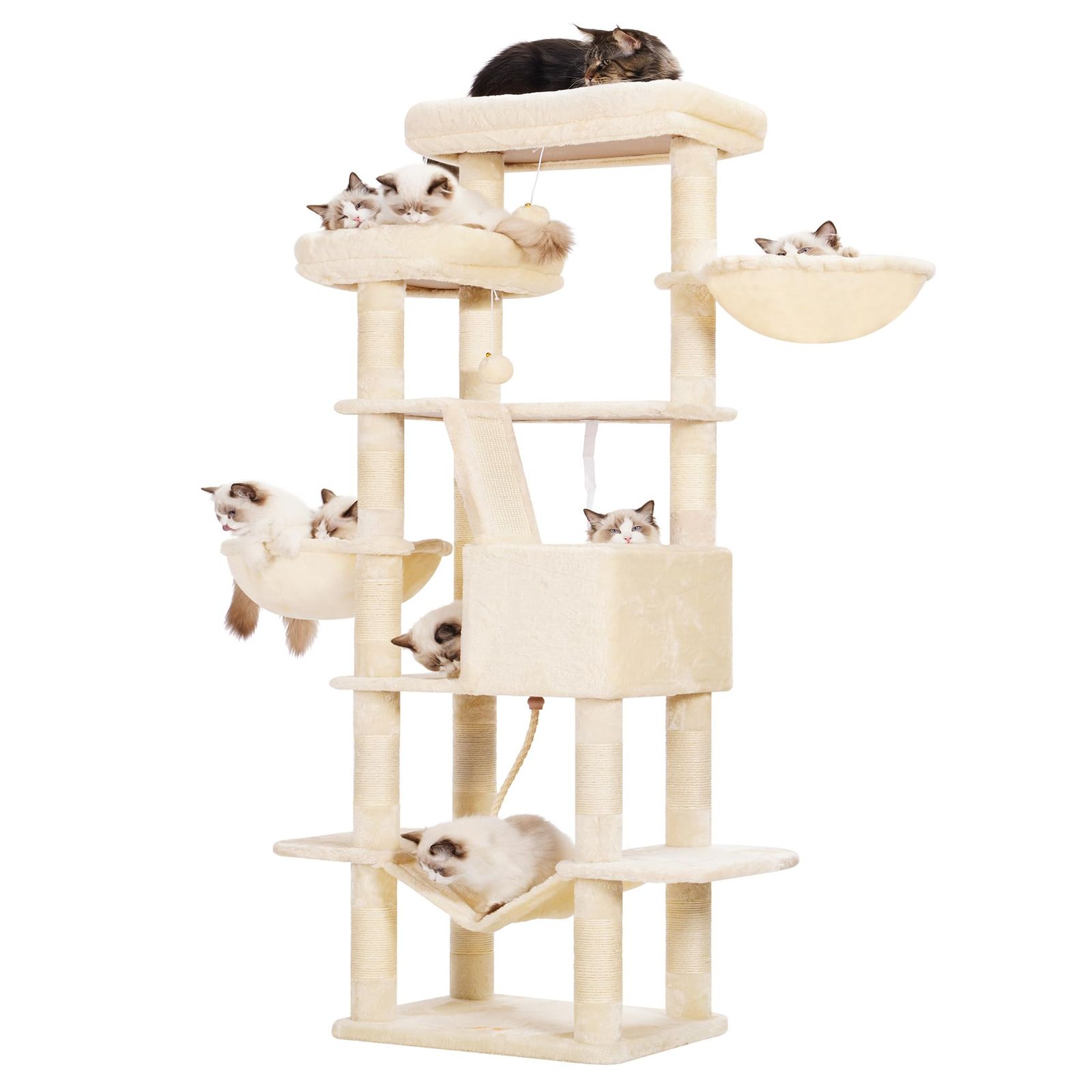 Heybly キャットタワー 大きな猫や多頭飼い 超スリム 据え置き型 省スペース 登りやすい ハンモック2つ 大きな見晴らし台 天然麻紐 爪研ぎ棒 高さ173cm ベージュ HCT025M