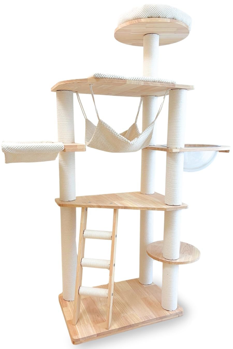 Paws works キャットタワー 木製 北欧風 【家具のように、暮らしになじむ】 天然木ラバーウッド 据え置き型 高さ155cm コットン爪とぎ ハンモック 透明ボウル 展望台付き