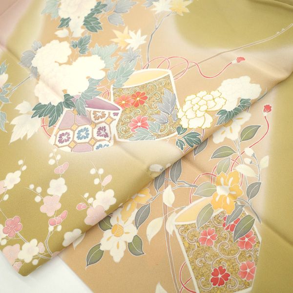 中古】 訪問着 着物 手描き友禅 フォーマル リサイクル 正絹 袷 金駒