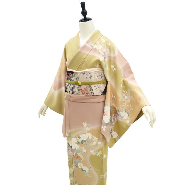 中古】 訪問着 着物 手描き友禅 フォーマル リサイクル 正絹 袷 金駒